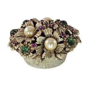 Vintage Florenza Gold-Toned Floral Basket Trinket Box Faux Pearls Rhinestones